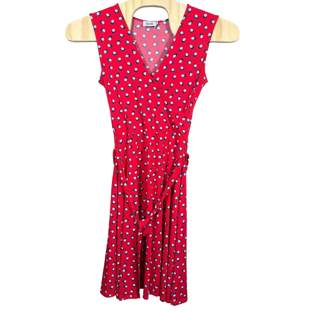 Leota Dress Womens M Faux Wrap Red Polka Dot Sleeveless V-Neck Jersey